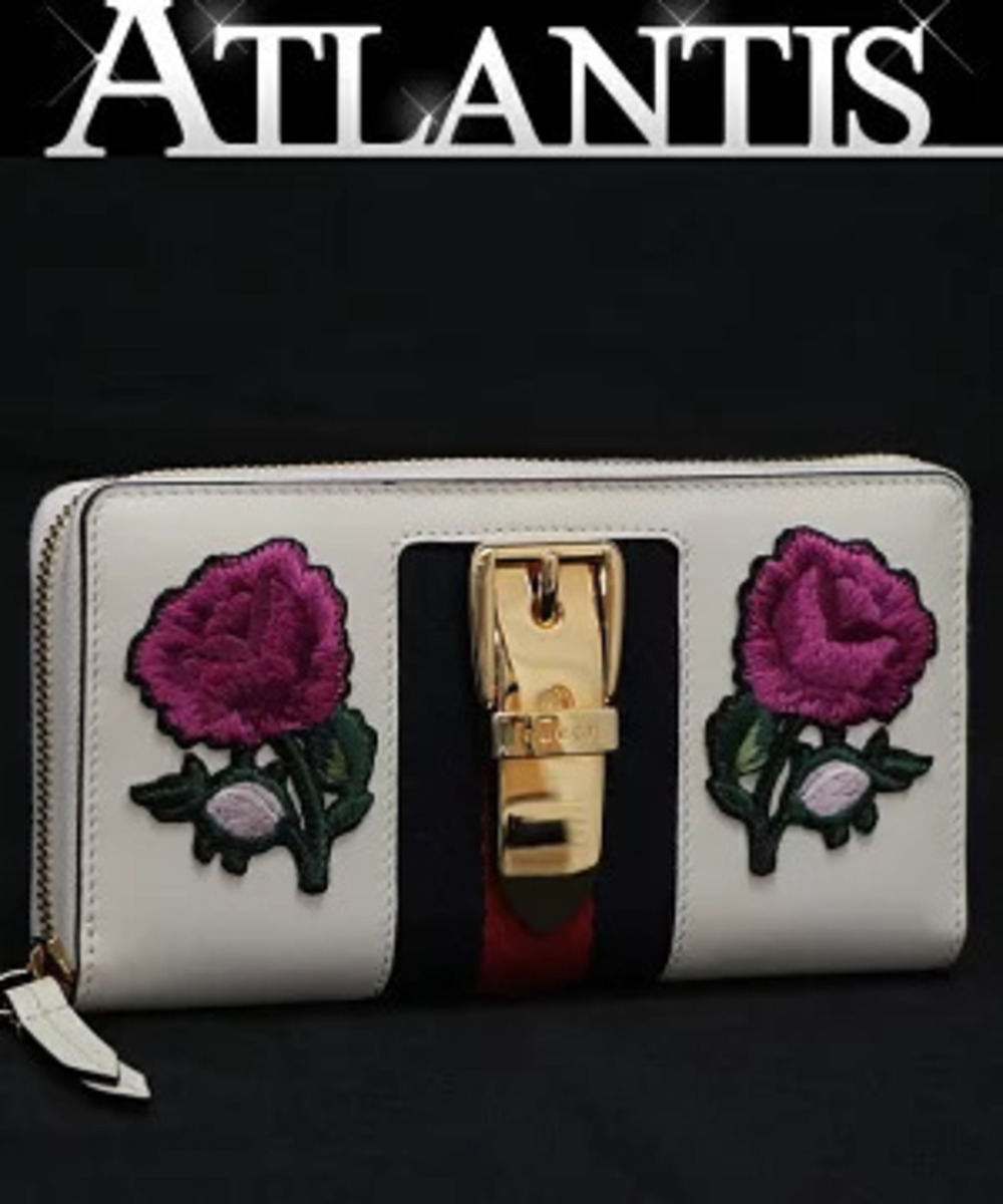 Gucci Sylvie embroidered round zipper long wallet leather white